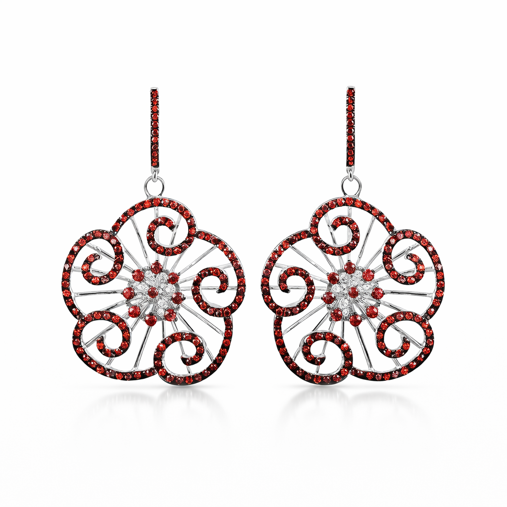 Vathe te varur ne forme luleje me pese petale spirale, konture te kuqe dhe detaje te bardha ne qender, pamje ballore e ciftit | Penelope Jewellery