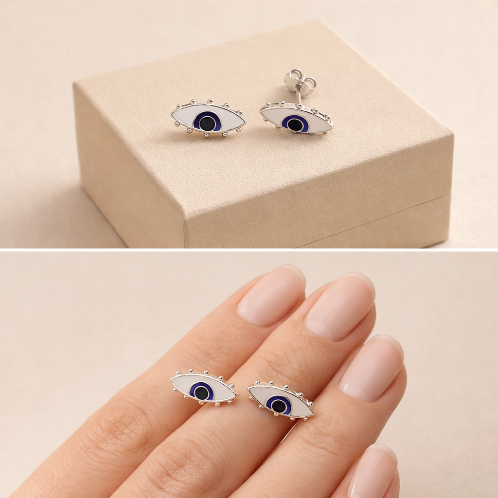 Kolazh i vatheve Nazar V5849 me sy te bardhe e blu, mbi kuti bezhe dhe te mbajtur ne dore | Argjend 925 | Penelope Jewellery