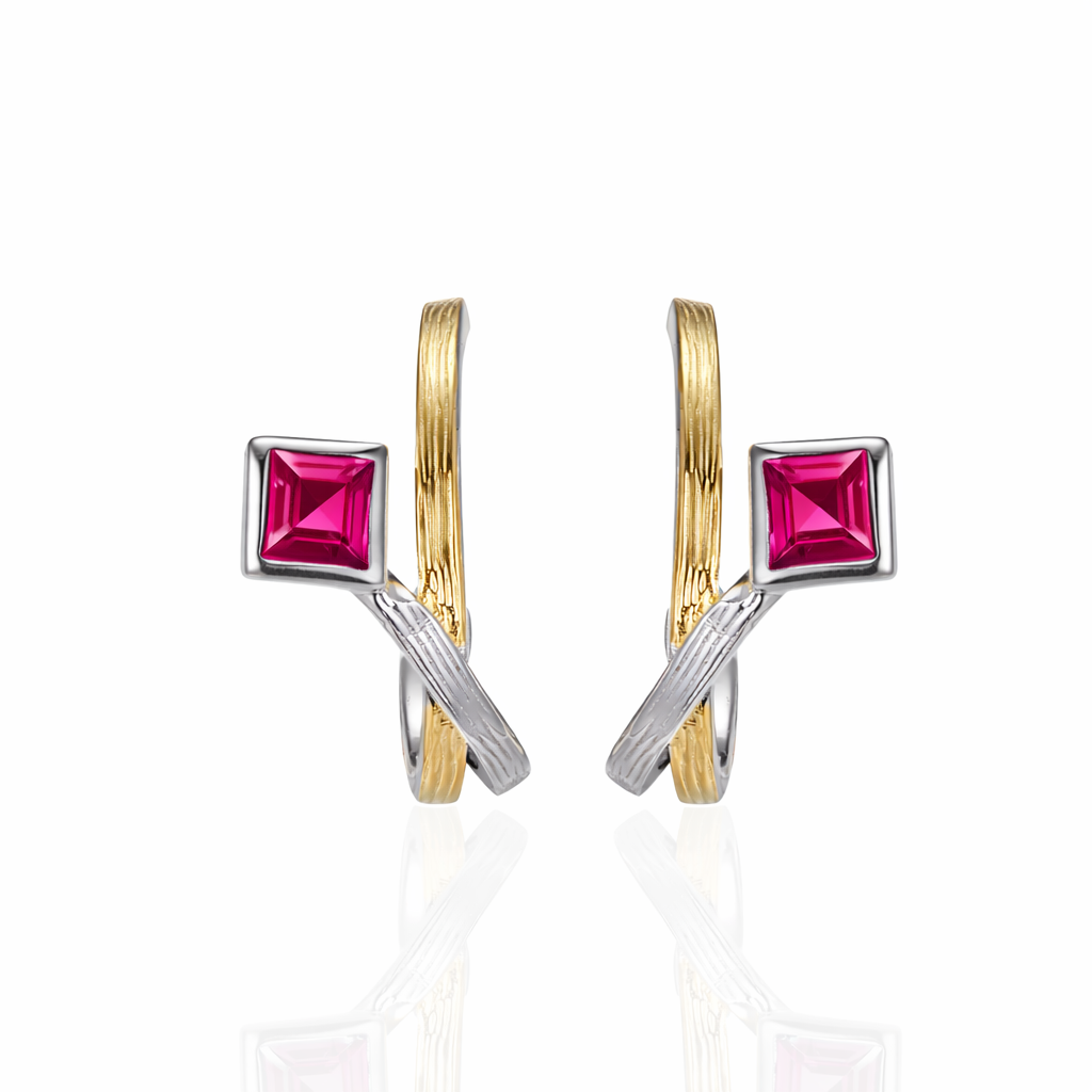 Vathe Rosy Rodolite V6044 prej argjendi 925, me rodolit katror roze te thelle dhe harqe te kryqezuara ngjyre ari e argjendi, pamje ballore | Penelope Jewellery