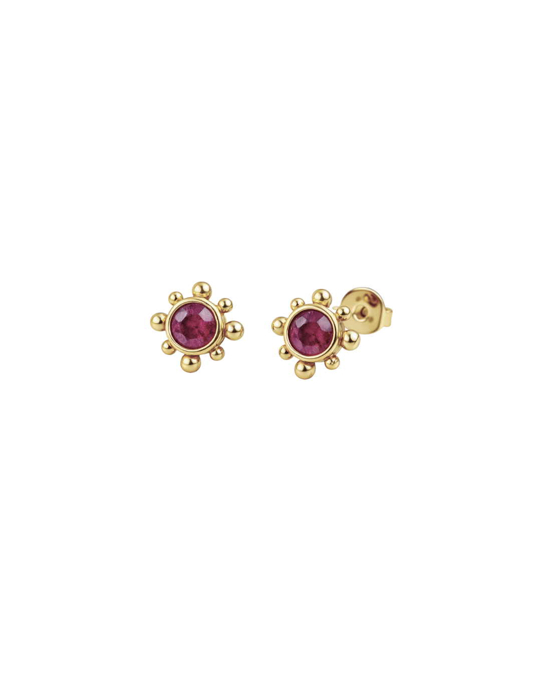 Vathe Ruby Margarita V5873 me rubin te kuq dhe dekore sferike ngjyre ari rreth tij, cift me kunj e kapese te dukshme | Argjend 925 | Larje ari 18K | Penelope Jewellery