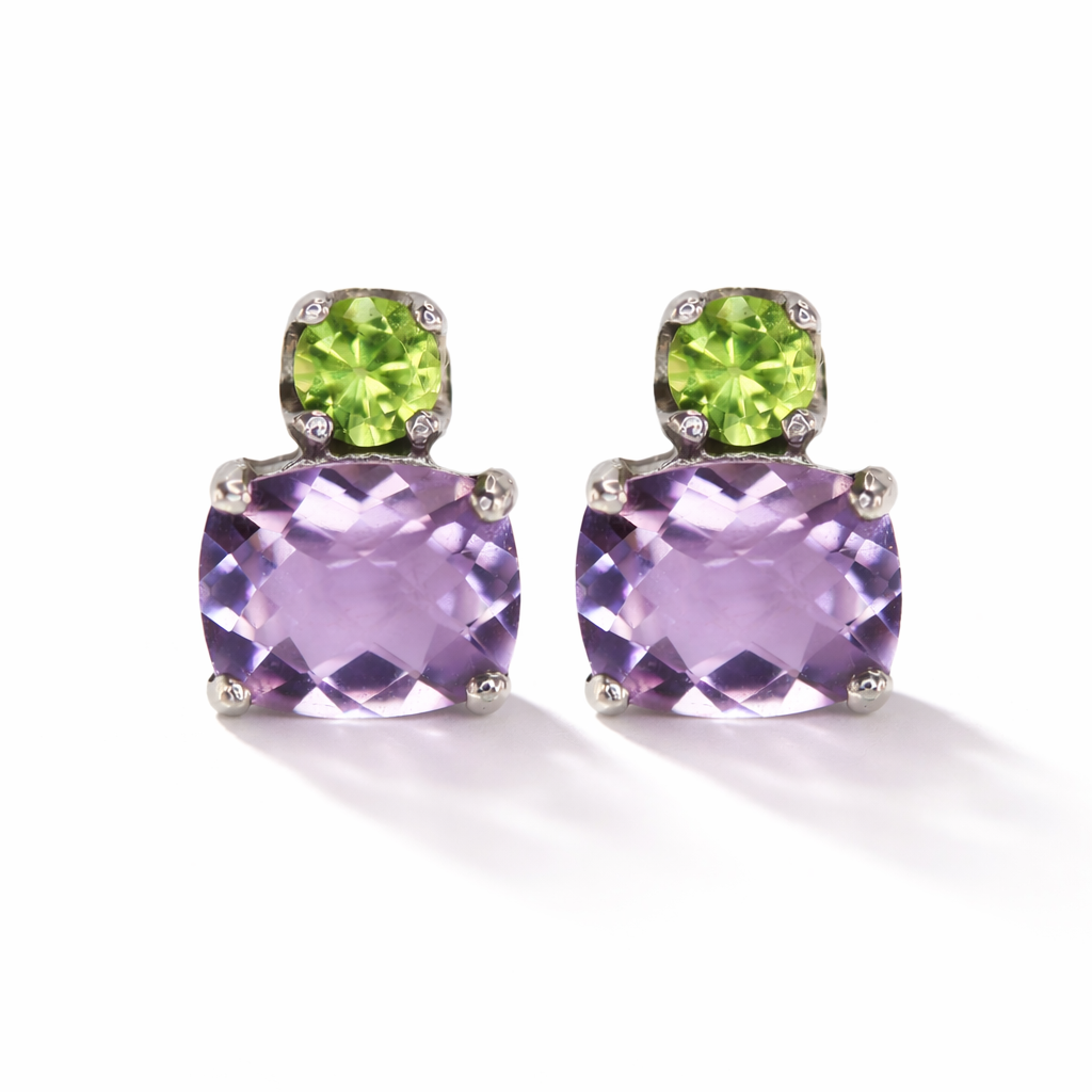 Vathe V5267 me ametist vjollce ne forme katrore dhe peridot jeshil rrethor siper, cift ne pamje ballore | Argjend 925 | Penelope Jewellery