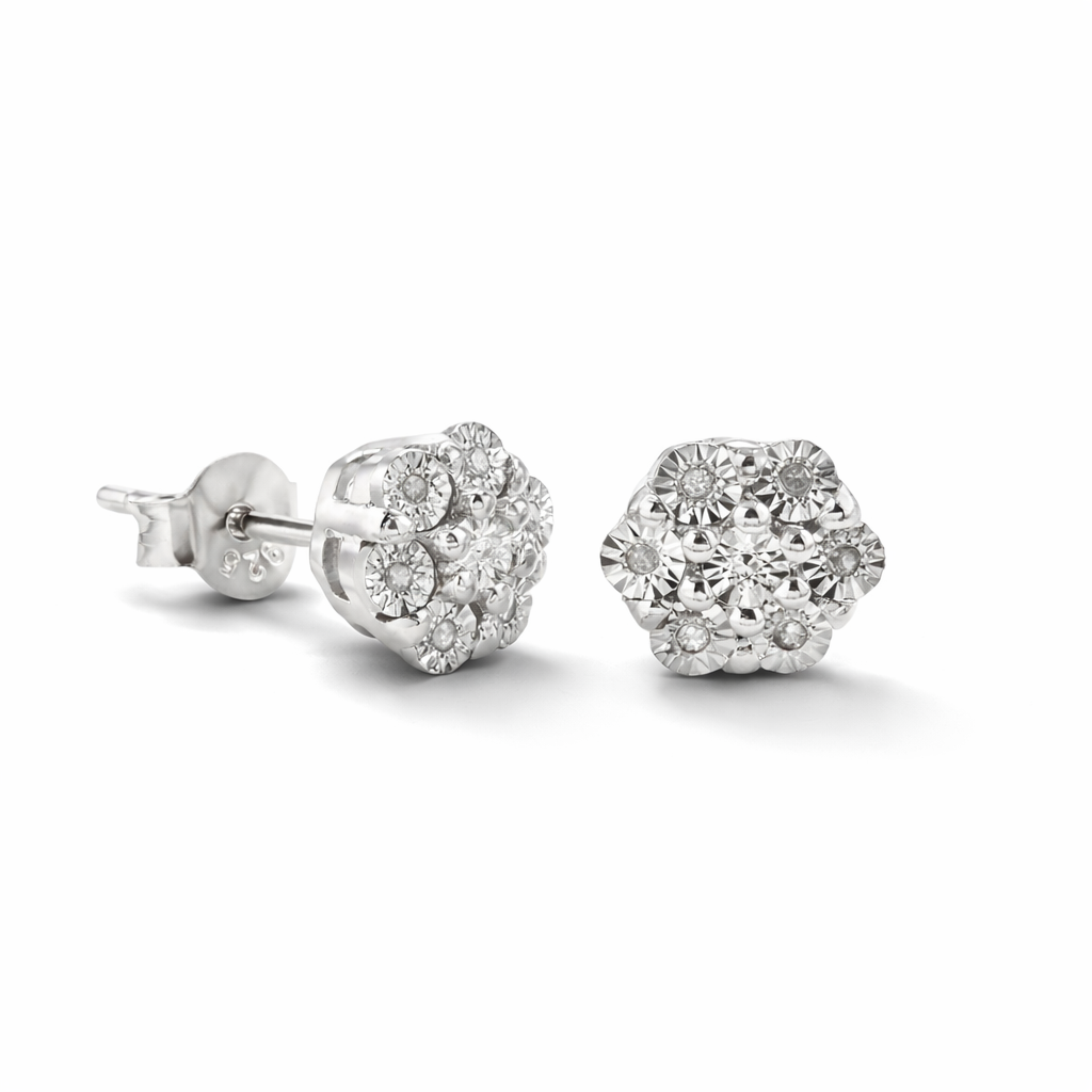 Vathe V5402 me diamante natyrale te grupuara ne motiv luleje, pamje ballore dhe anesore me kapese | Argjend 925 | Penelope Jewellery