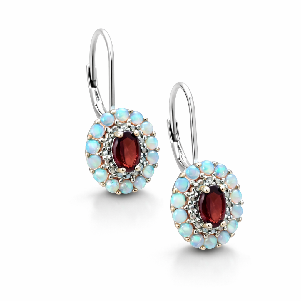 Vathe V54571 me garnet te kuq oval, opale te vegjel perreth dhe diamante, me kapese grep | Argjend 925 | Penelope Jewellery