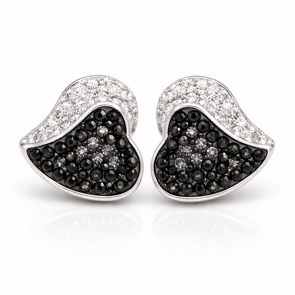 Cift vathesh zemer V3294 prej argjendi 925, me kristale te zeza ne qender dhe brez te lakuar kristalesh te bardha siper, pamje ballore | Penelope Jewellery