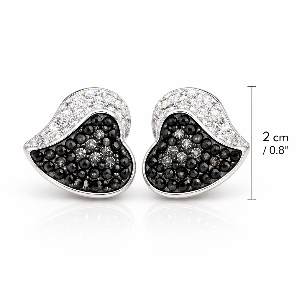 Cift vathesh zemer V3294 prej argjendi 925 me kristale te zeza e te bardha, ne sfond te bardhe me vije permasash anash | Penelope Jewellery