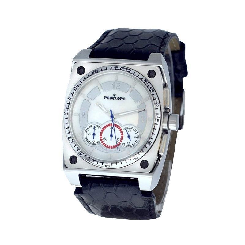 Men's square silver chronograph watch with black textured leather strap, white dial, and subdials