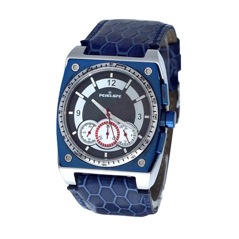 Men's blue wristwatch with geometric strap, chronograph subdials, and square case