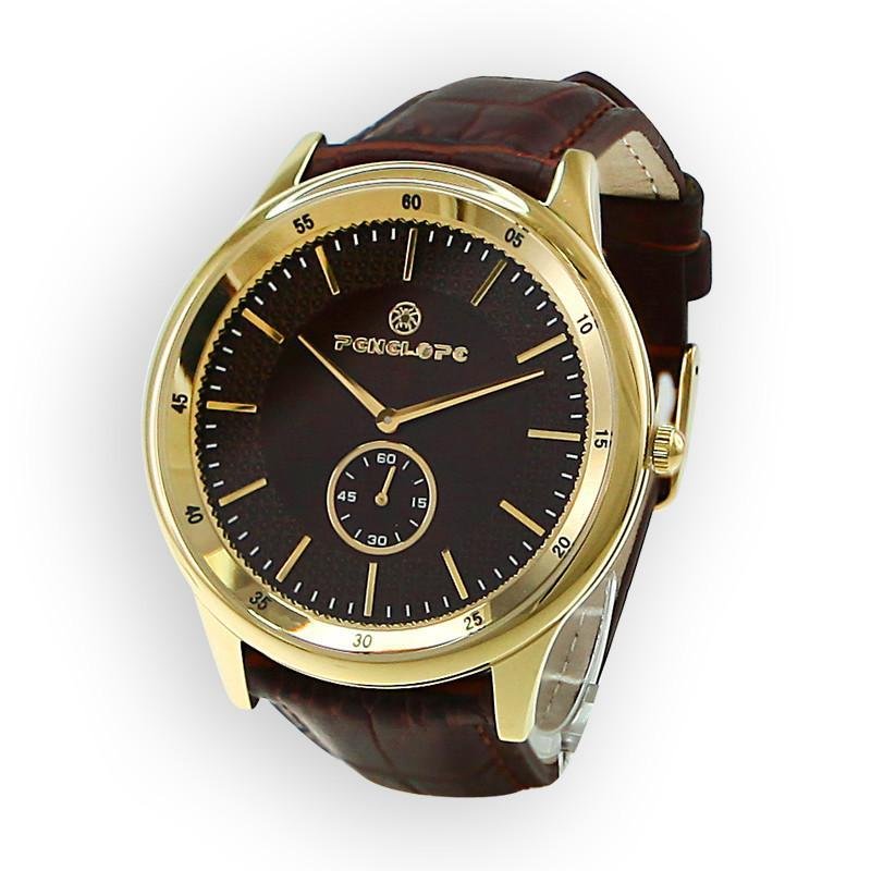 Gold-tone wristwatch with brown dial and leather strap, elegant analog men's accessory