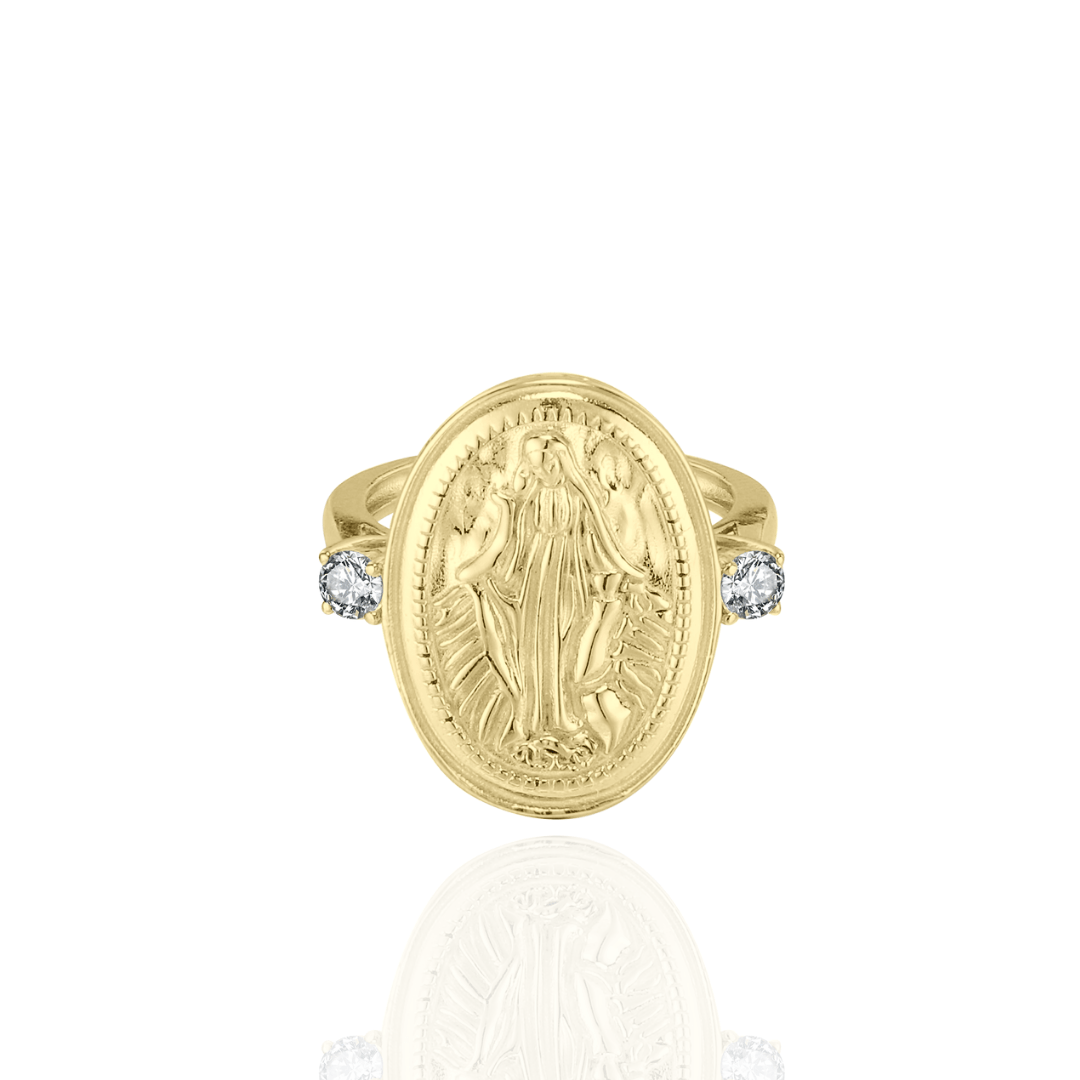 Unazë Virgen Maria në argjend 925 me larje ari 14K, pamje ballore e ornamentit oval